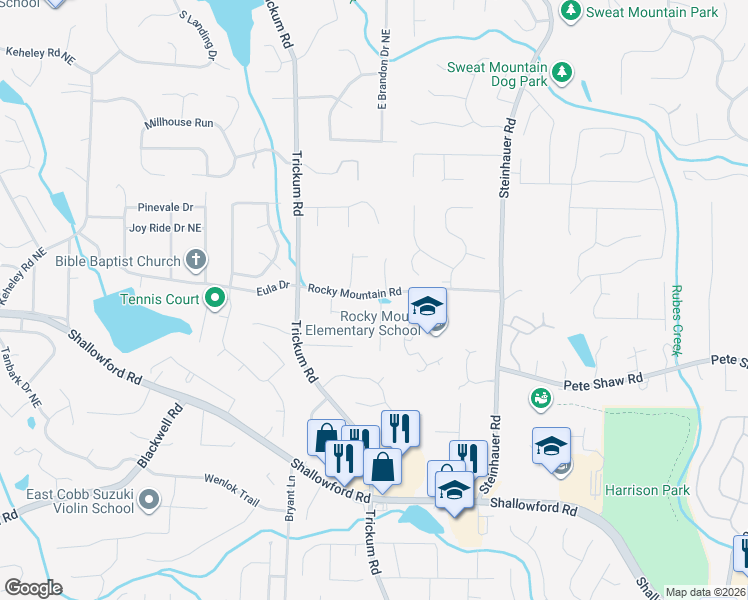 map of restaurants, bars, coffee shops, grocery stores, and more near 4047 Idlewilde Meadows Drive Northeast in Marietta
