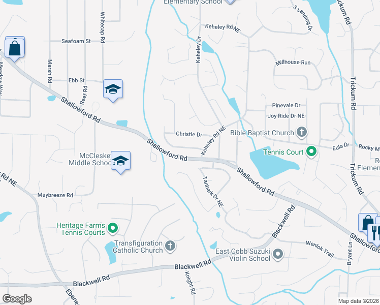 map of restaurants, bars, coffee shops, grocery stores, and more near 4151 Keheley Road Northeast in Marietta
