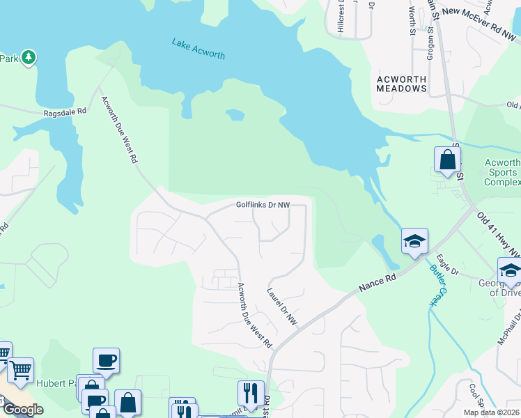 map of restaurants, bars, coffee shops, grocery stores, and more near 3924 Golflinks Drive Northwest in Acworth