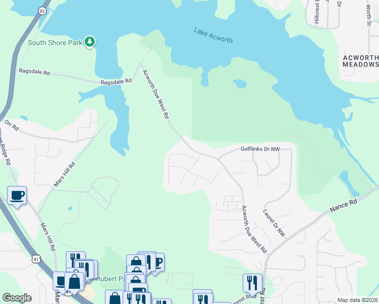map of restaurants, bars, coffee shops, grocery stores, and more near 4304 Martingale Lane in Acworth
