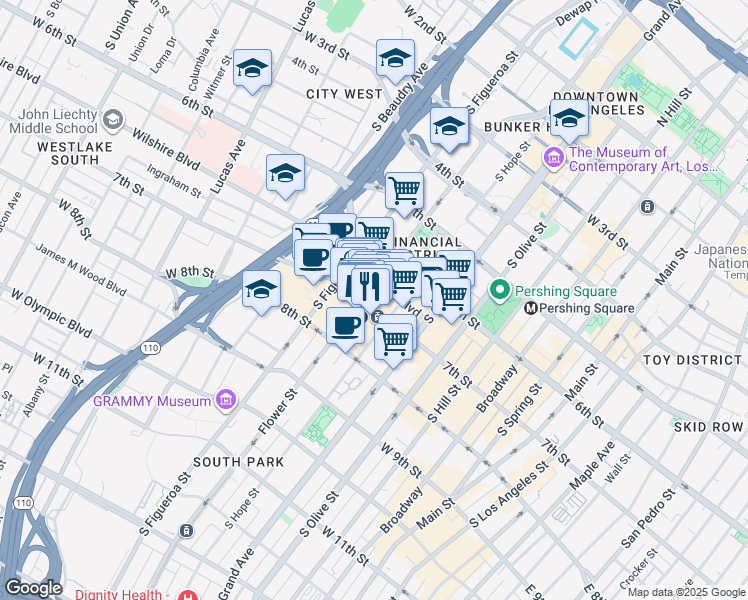 map of restaurants, bars, coffee shops, grocery stores, and more near in Los Angeles