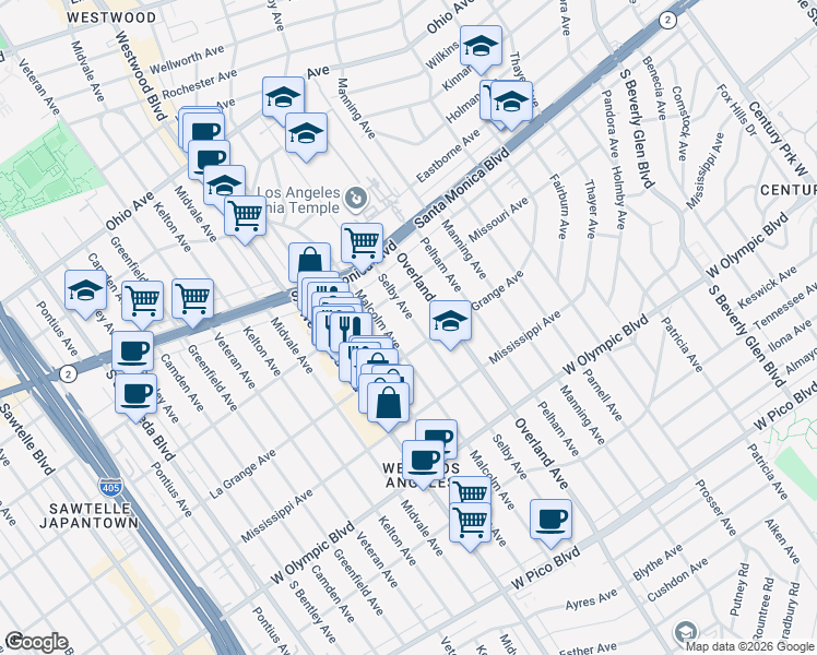 map of restaurants, bars, coffee shops, grocery stores, and more near 1939 Selby Avenue in Los Angeles