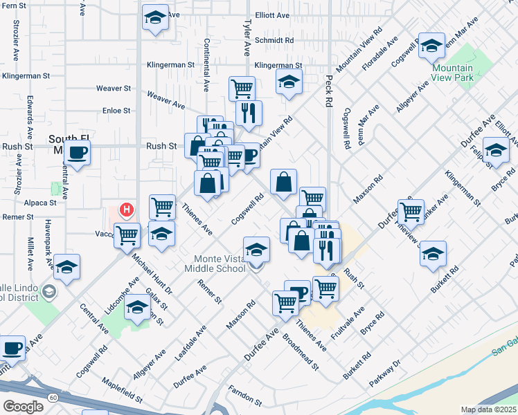 map of restaurants, bars, coffee shops, grocery stores, and more near 1924 Cogswell Road in South El Monte