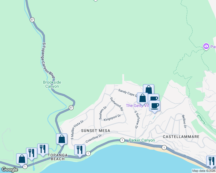 map of restaurants, bars, coffee shops, grocery stores, and more near 3434 Shoreheights Drive in Malibu