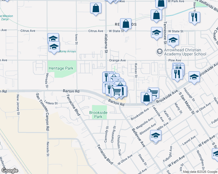 map of restaurants, bars, coffee shops, grocery stores, and more near in Redlands