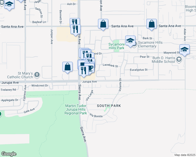 map of restaurants, bars, coffee shops, grocery stores, and more near 17039 Crabapple Lane in Fontana