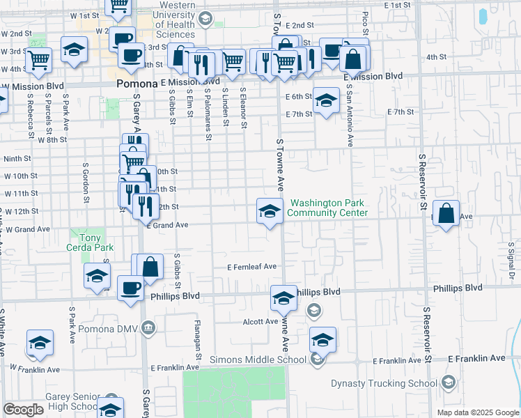 map of restaurants, bars, coffee shops, grocery stores, and more near 736 East 12th Street in Pomona