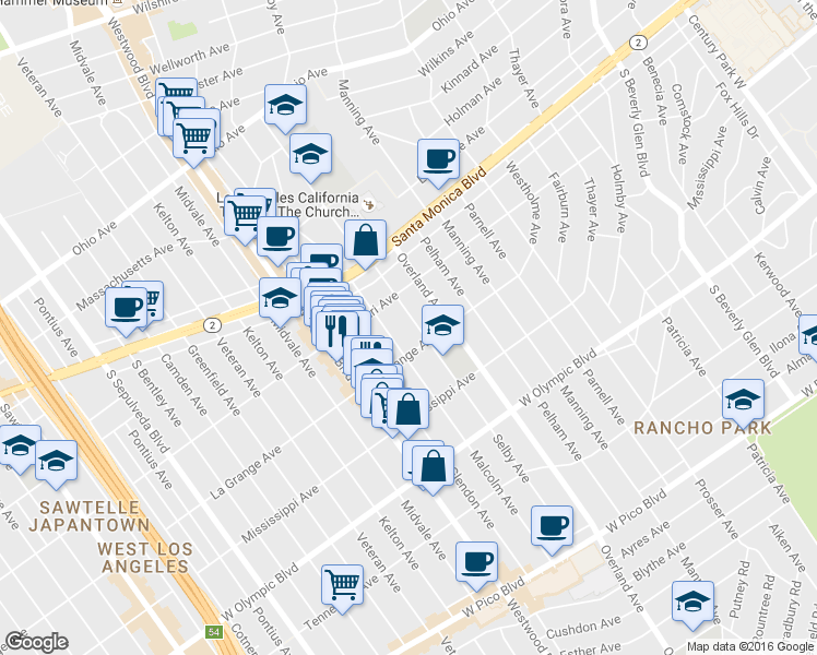 map of restaurants, bars, coffee shops, grocery stores, and more near 1939 Selby Avenue in Los Angeles