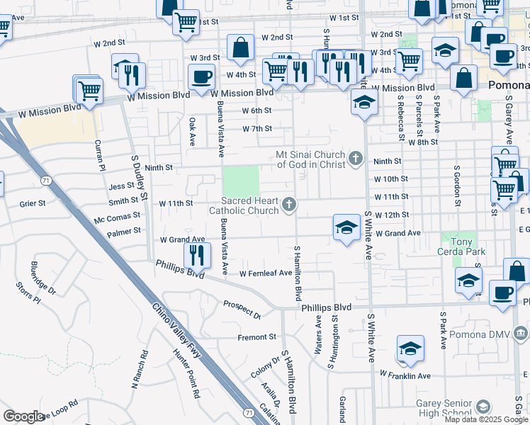 map of restaurants, bars, coffee shops, grocery stores, and more near 1192 West 11th Street in Pomona