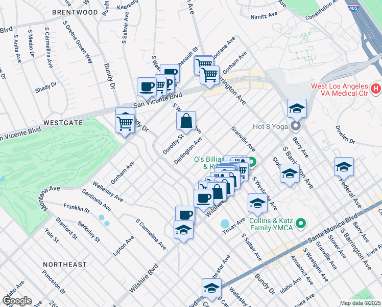 map of restaurants, bars, coffee shops, grocery stores, and more near 11952 Darlington Avenue in Los Angeles