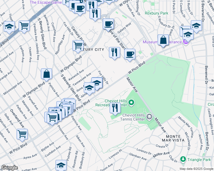 map of restaurants, bars, coffee shops, grocery stores, and more near 10275 West Pico Boulevard in Los Angeles