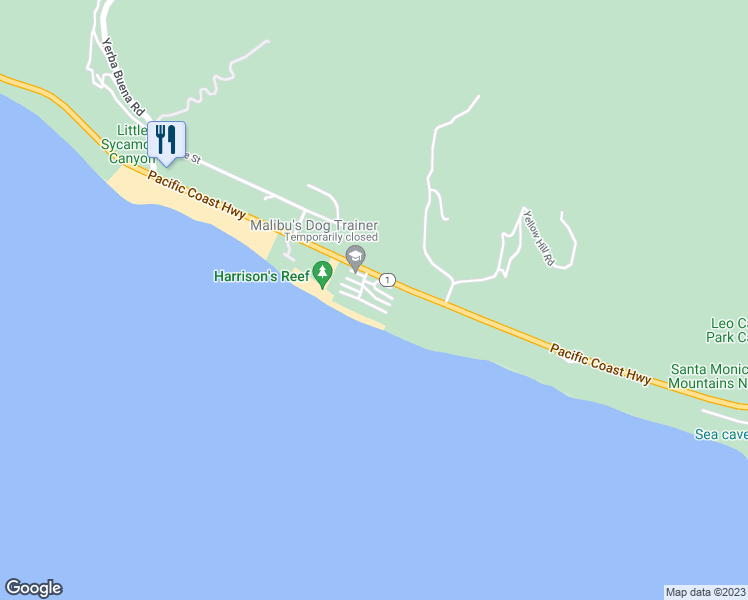 map of restaurants, bars, coffee shops, grocery stores, and more near 11918 Whitewater Lane in Malibu