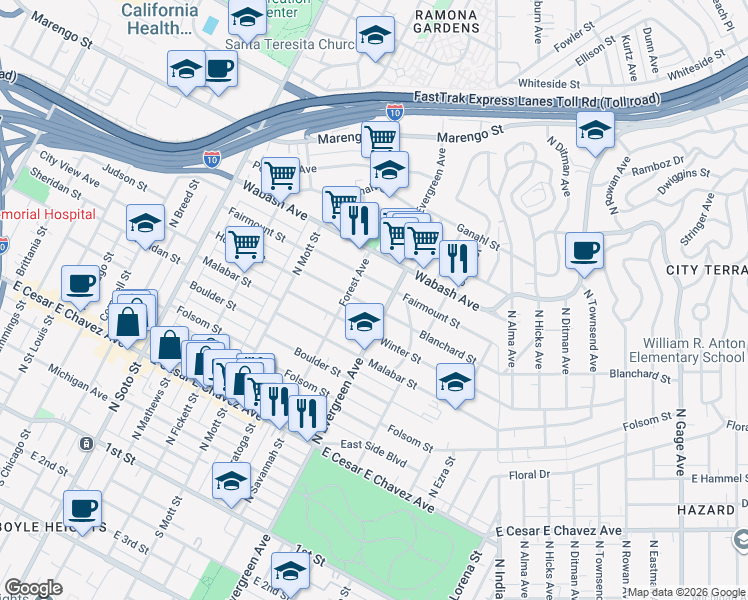 map of restaurants, bars, coffee shops, grocery stores, and more near 2829 Blanchard Street in Los Angeles