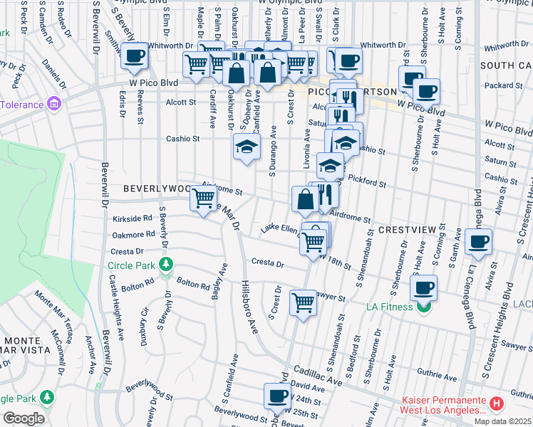 map of restaurants, bars, coffee shops, grocery stores, and more near 1723 South Durango Avenue in Los Angeles