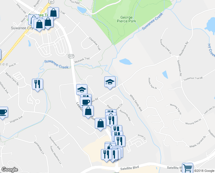 map of restaurants, bars, coffee shops, grocery stores, and more near 3875 Smithtown Road in Suwanee
