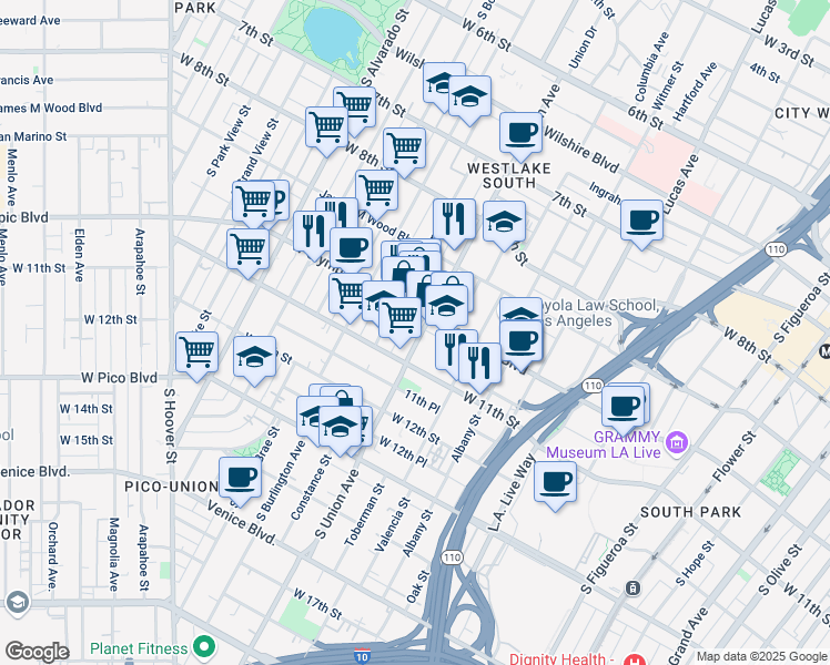 map of restaurants, bars, coffee shops, grocery stores, and more near 1029 South Union Avenue in Los Angeles