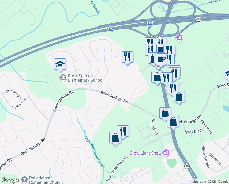 map of restaurants, bars, coffee shops, grocery stores, and more near 1198 Montague Place Court in Lawrenceville
