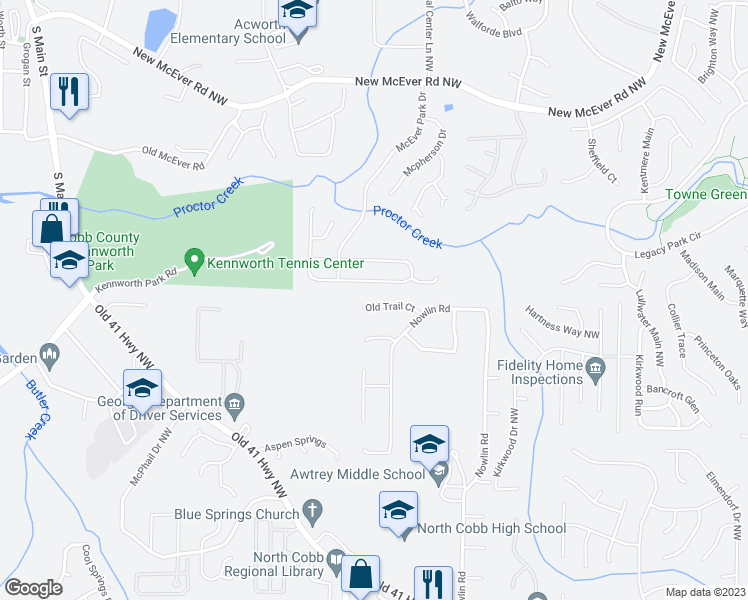 map of restaurants, bars, coffee shops, grocery stores, and more near 3366 Old Trail Court in Kennesaw