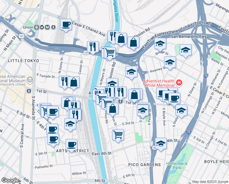 map of restaurants, bars, coffee shops, grocery stores, and more near 1200 Plaza Del Sol East in Los Angeles