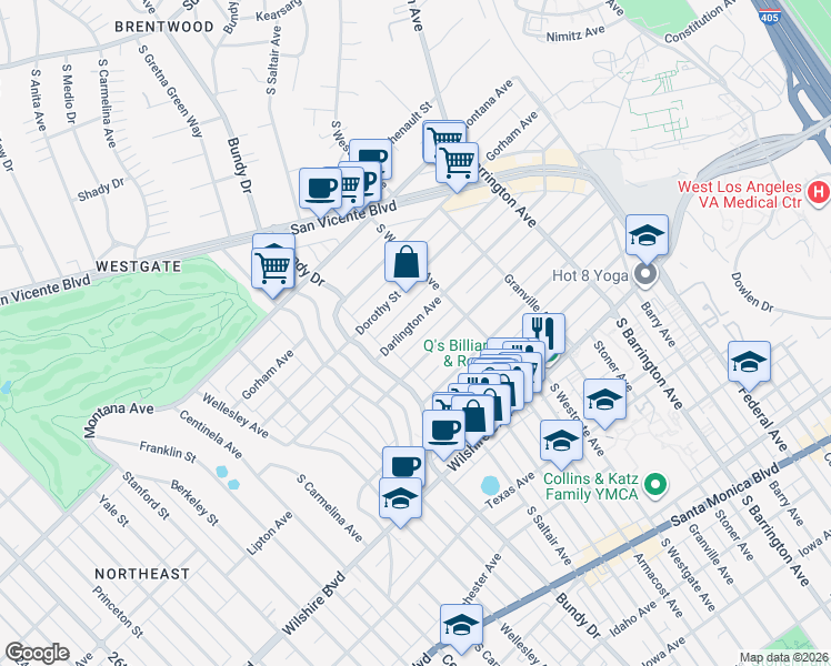 map of restaurants, bars, coffee shops, grocery stores, and more near 11952 Darlington Avenue in Los Angeles