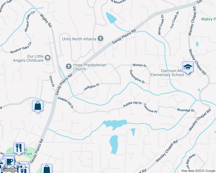 map of restaurants, bars, coffee shops, grocery stores, and more near 3510 Holliglen Drive in Marietta