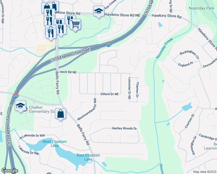 map of restaurants, bars, coffee shops, grocery stores, and more near 3925 Chicamauga Drive in Kennesaw