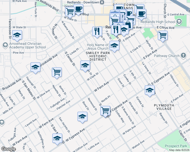 map of restaurants, bars, coffee shops, grocery stores, and more near 303 South Michigan Street in Redlands