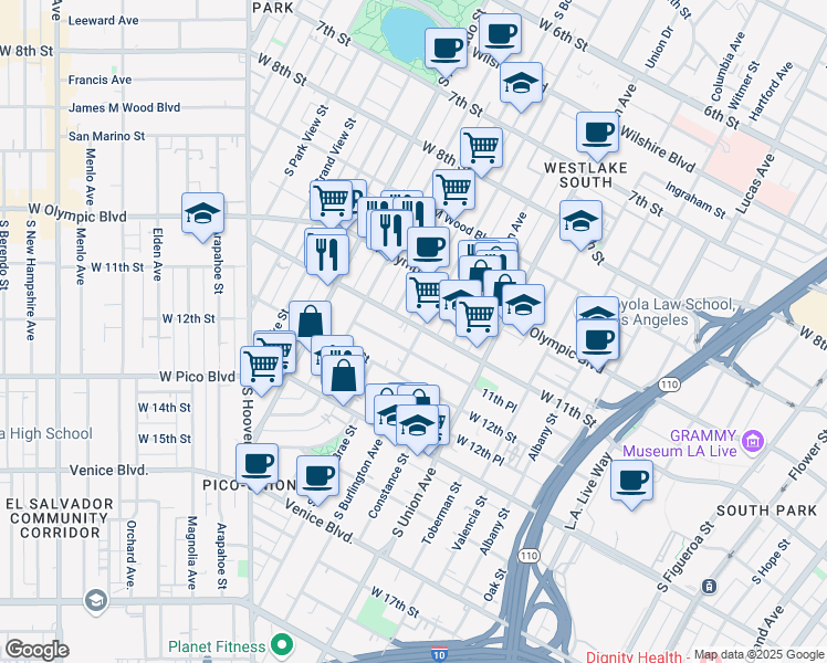 map of restaurants, bars, coffee shops, grocery stores, and more near 1800 West 11th Street in Los Angeles