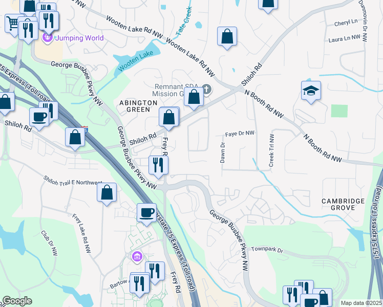 map of restaurants, bars, coffee shops, grocery stores, and more near 928 Shiloh Ridge Run Northwest in Kennesaw