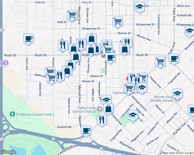 map of restaurants, bars, coffee shops, grocery stores, and more near 10146 Alpaca Street in El Monte