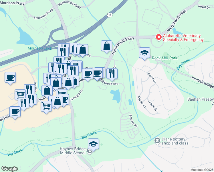 map of restaurants, bars, coffee shops, grocery stores, and more near Wander Lane in Alpharetta