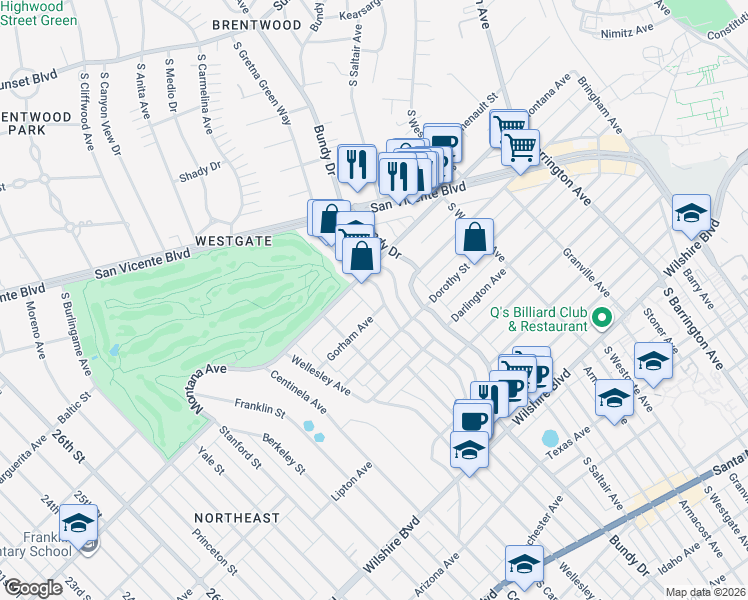 map of restaurants, bars, coffee shops, grocery stores, and more near 831 South Gretna Green Way in Los Angeles