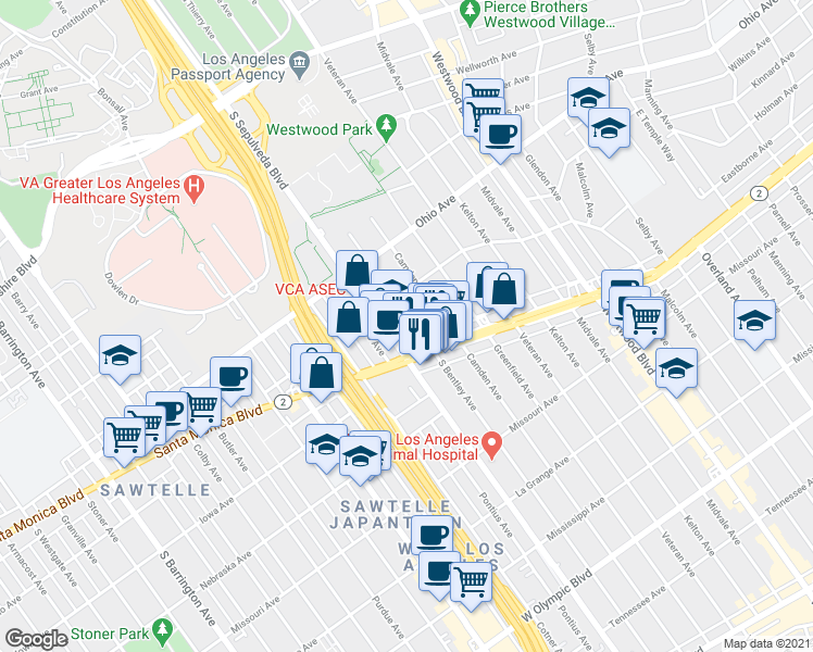 map of restaurants, bars, coffee shops, grocery stores, and more near 1629 South Bentley Avenue in Los Angeles