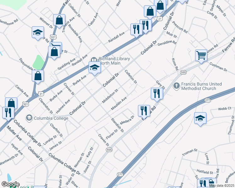 map of restaurants, bars, coffee shops, grocery stores, and more near 5300 Middleton Street in Columbia