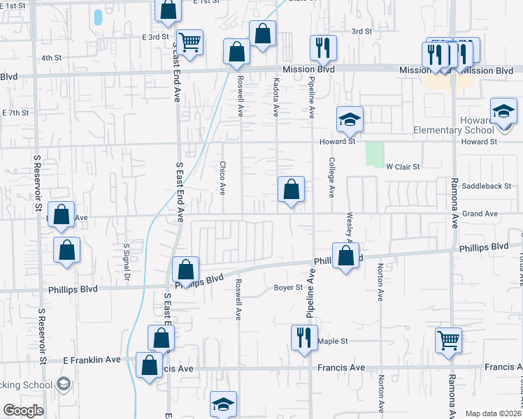 map of restaurants, bars, coffee shops, grocery stores, and more near 3958 East Grand Avenue in Chino