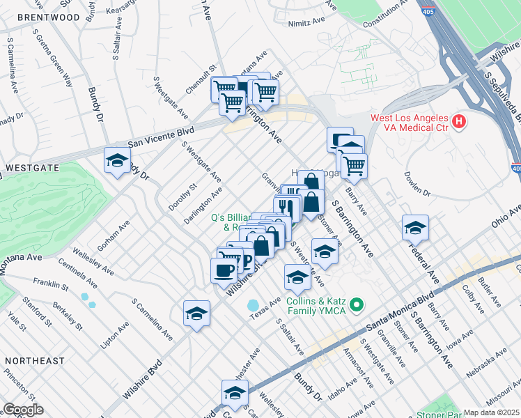 map of restaurants, bars, coffee shops, grocery stores, and more near 11848 Kiowa Avenue in Los Angeles