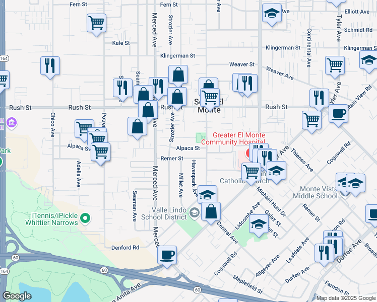 map of restaurants, bars, coffee shops, grocery stores, and more near 10146 Alpaca Street in El Monte