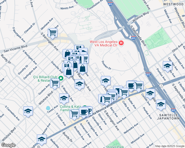 map of restaurants, bars, coffee shops, grocery stores, and more near 1275 Federal Avenue in Los Angeles