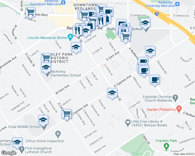 map of restaurants, bars, coffee shops, grocery stores, and more near 445 South 4th Street in Redlands