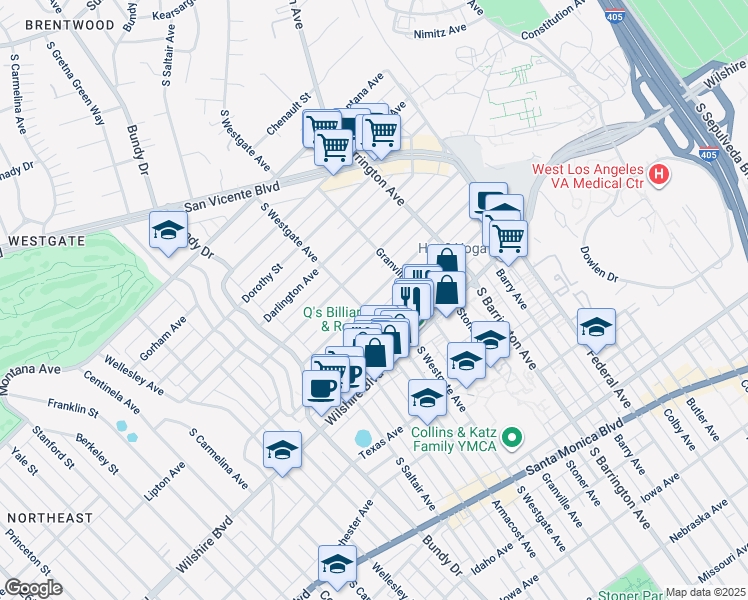 map of restaurants, bars, coffee shops, grocery stores, and more near 11848 Kiowa Avenue in Los Angeles