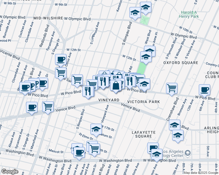 map of restaurants, bars, coffee shops, grocery stores, and more near W Pico Blvd & S Rimpau Blvd in Los Angeles