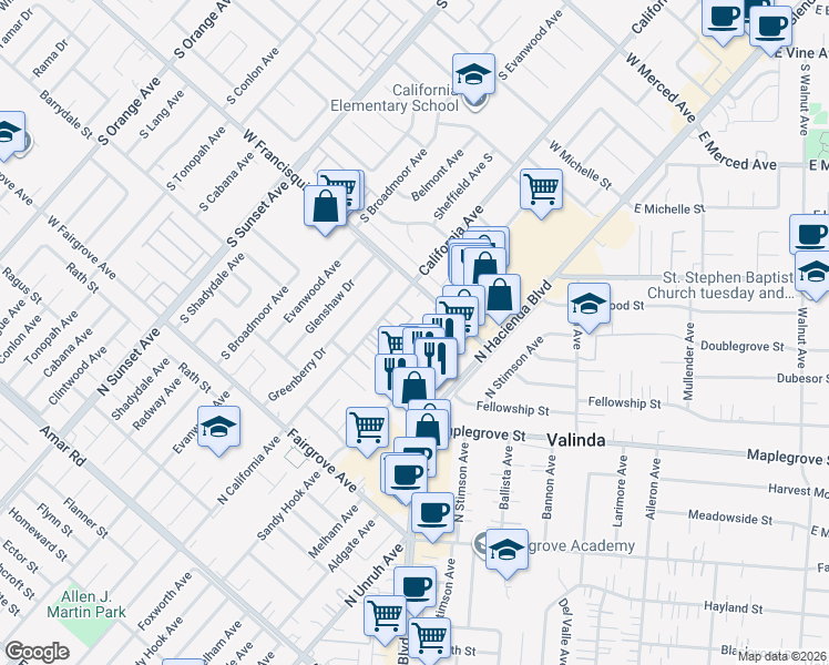 map of restaurants, bars, coffee shops, grocery stores, and more near 15400 Francisquito Avenue in La Puente