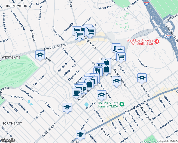 map of restaurants, bars, coffee shops, grocery stores, and more near 11848 Kiowa Avenue in Los Angeles