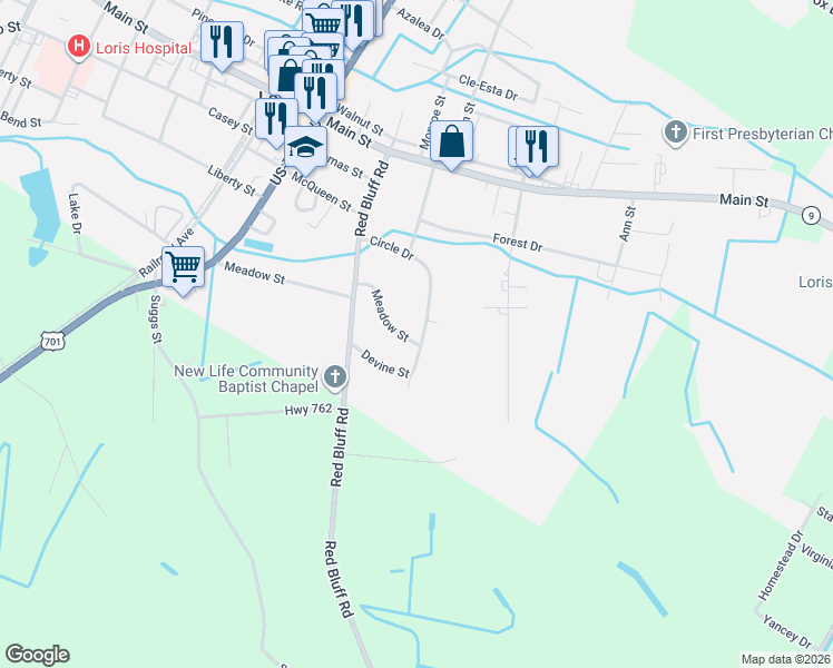 map of restaurants, bars, coffee shops, grocery stores, and more near 4935 Meadow Street in Loris