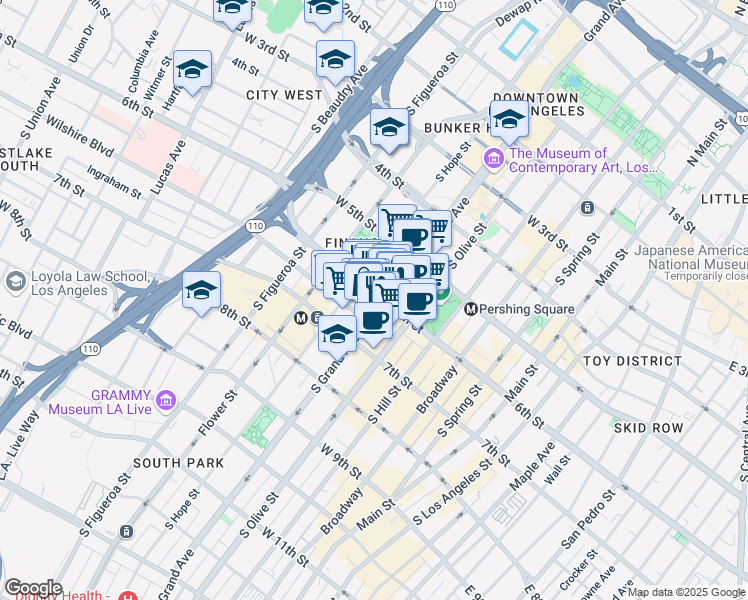 map of restaurants, bars, coffee shops, grocery stores, and more near 611 Wilshire Boulevard in Los Angeles