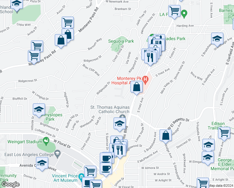 map of restaurants, bars, coffee shops, grocery stores, and more near 883 Holladay Way in Monterey Park
