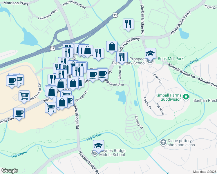 map of restaurants, bars, coffee shops, grocery stores, and more near 2556 Wander Trail in Alpharetta