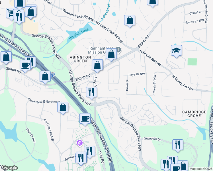 map of restaurants, bars, coffee shops, grocery stores, and more near 928 Shiloh Ridge Run Northwest in Kennesaw