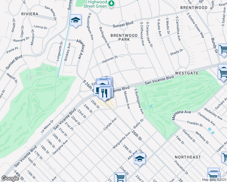 map of restaurants, bars, coffee shops, grocery stores, and more near San Vicente Boulevard & Avondale Avenue in Los Angeles