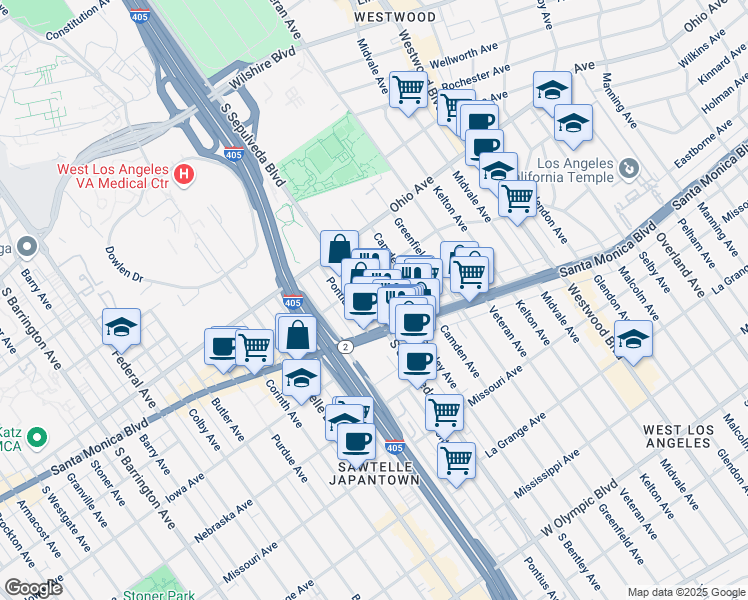 map of restaurants, bars, coffee shops, grocery stores, and more near 1640 South Sepulveda Boulevard in Los Angeles